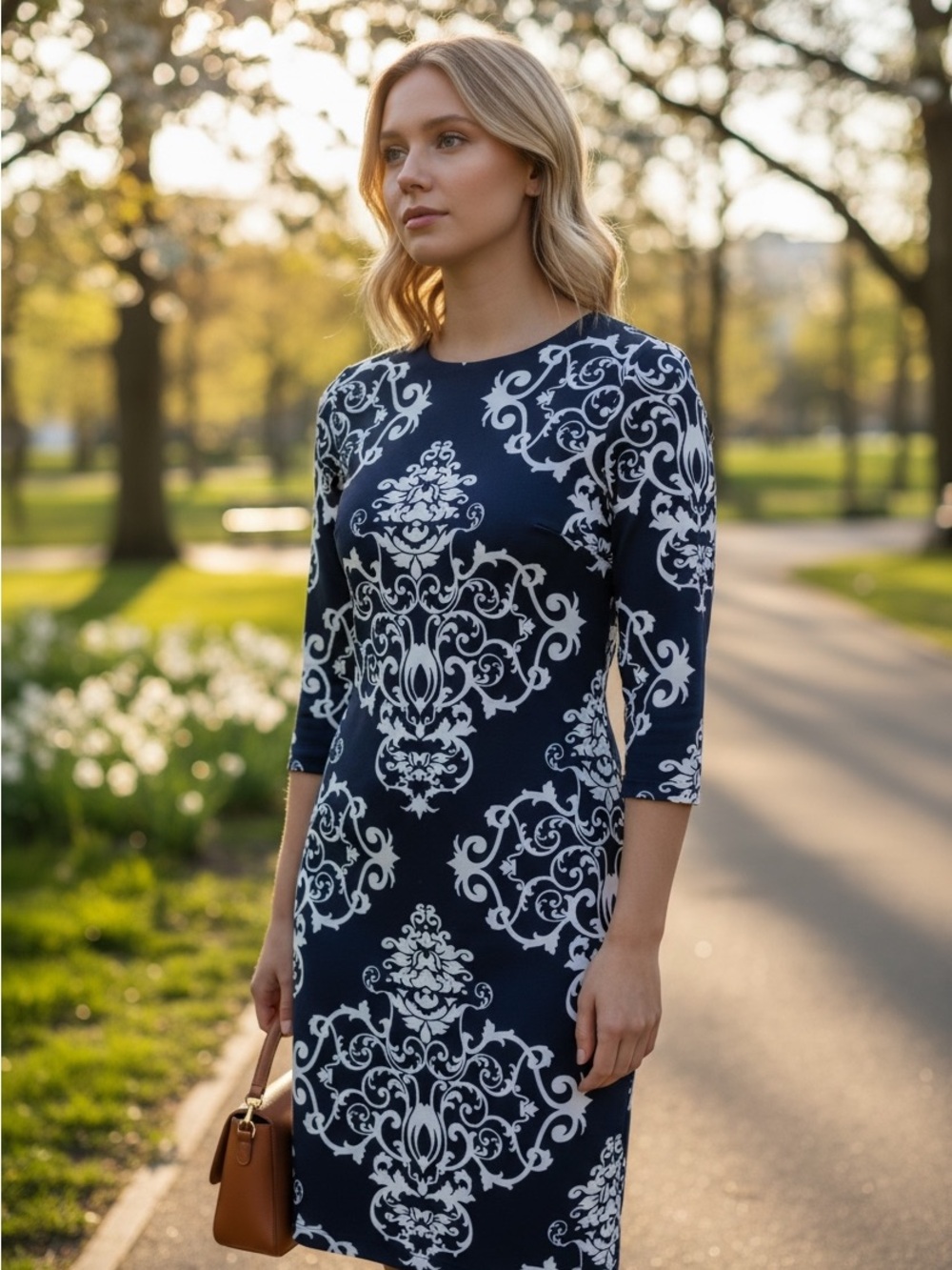NWOT B Darlin Size 5/6 Navy White Damask Print Open Back Sheath Dress